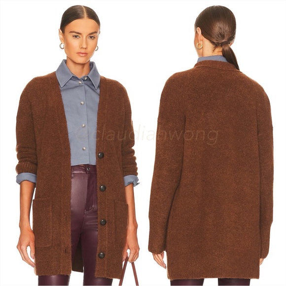 VINCE Patch Pocket Wool Cardigan in Tobacco Brown - Picture 5 of 12